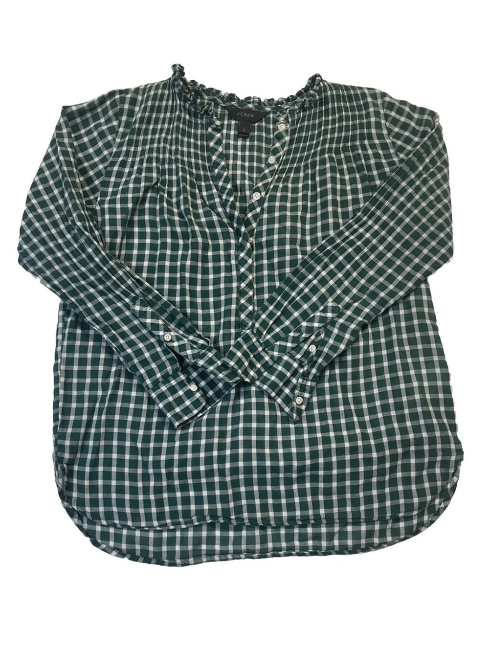 J. Crew Green and White Plaid Button-Up Henley Blouse